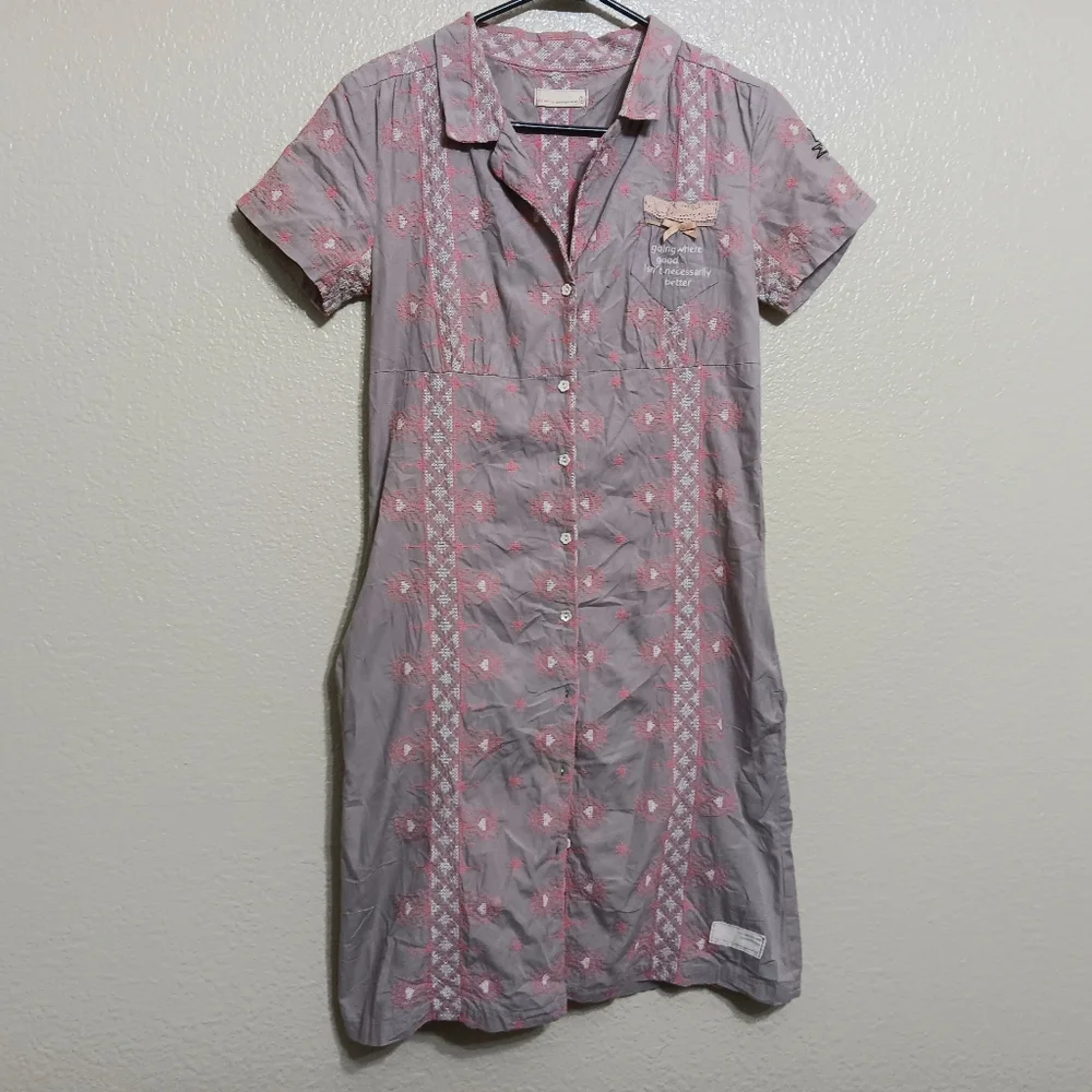 Odd Molly Anthropologie Pink Gray Embroidered Cotton Shirt Dress - Picture 1 of 5